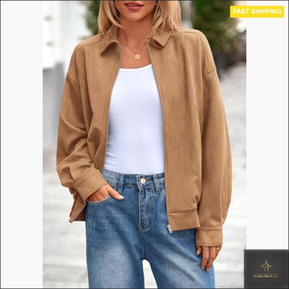 Oversized Faux Suede Bomber Jacket Women's Casual Zip Up Outerwear - Picture 2 of 7